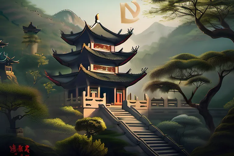 A serene image of a temple nestled in a lush Chinese landscape, with symbols of Taoism, Confucianism, and Buddhism subtly incorporated. - Chinese Beliefs