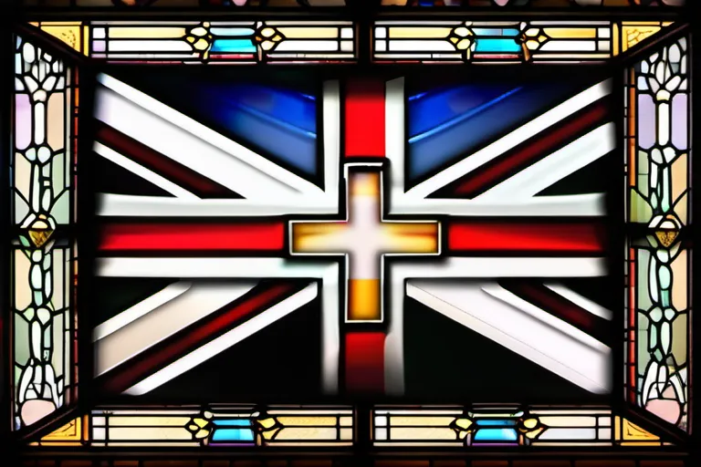 A stained-glass window depicting the British flag with a cross superimposed over it - Church of England