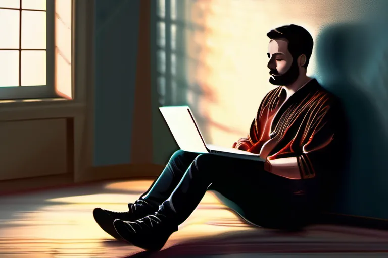 A thoughtful individual, dressed in casual attire, sitting alone in a room with a Bible and a laptop, symbolizing introspection and the blending of traditional faith with modern technology. - ex mormon beliefs