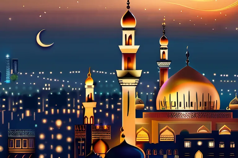 A beautiful mosque with a crescent moon and star atop, surrounded by a bustling cityscape representing the diverse Hanafi Muslim community. - Hanafi Islam