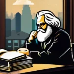 A thoughtful Karl Marx sitting at a desk, surrounded by books with a backdrop of a city skyline symbolizing society and economics. - Karl Marx Religion