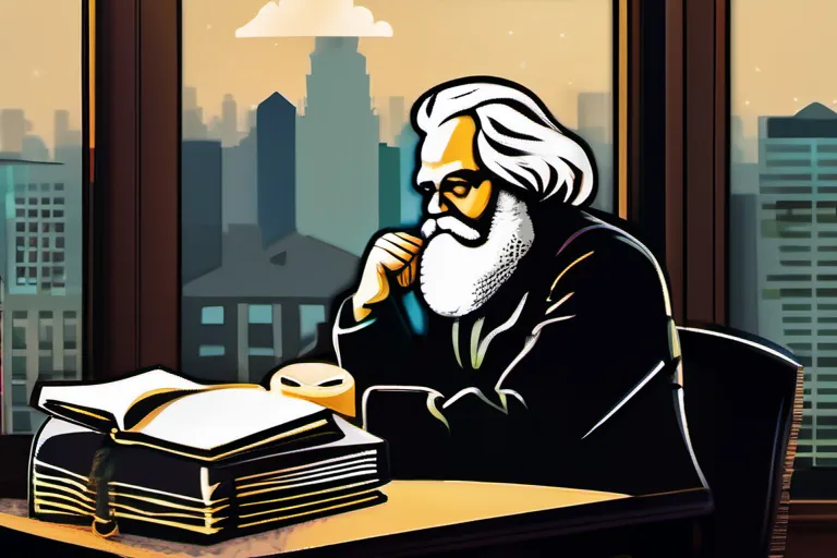 A thoughtful Karl Marx sitting at a desk, surrounded by books with a backdrop of a city skyline symbolizing society and economics. - Karl Marx Religion