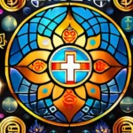 A colorful mosaic of various religious symbols representing the world's major religions. - religions, popular religions, unique characteristics