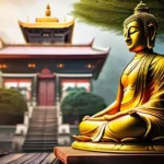 A serene image of a Buddhist monastery with a focus on an ancient statue of Nagarjuna, symbolizing wisdom and enlightenment. - Nagarjuna Buddhism, Madhyamaka Philosophy