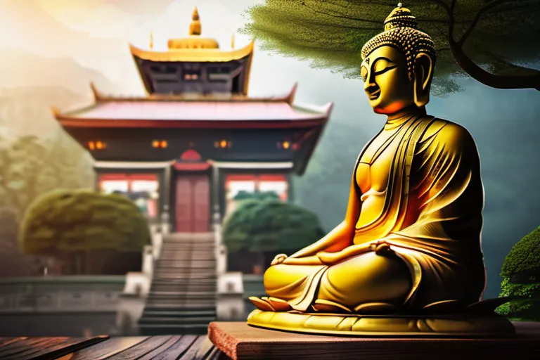 A serene image of a Buddhist monastery with a focus on an ancient statue of Nagarjuna, symbolizing wisdom and enlightenment. - Nagarjuna Buddhism, Madhyamaka Philosophy