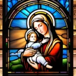 A stained-glass window depicting the Virgin Mary and Jesus Christ, symbolizing the central role of the Virgin Mary in Roman Catholicism. - Roman Catholicism, Religion, Beliefs, Practices, History