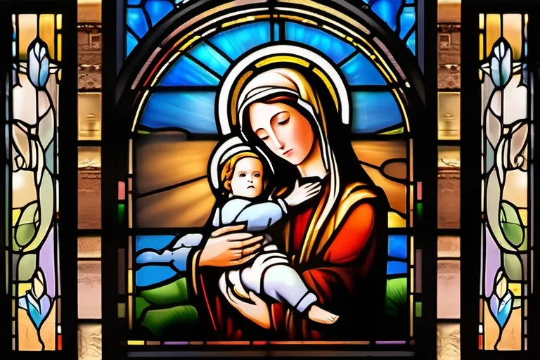 A stained-glass window depicting the Virgin Mary and Jesus Christ, symbolizing the central role of the Virgin Mary in Roman Catholicism. - Roman Catholicism, Religion, Beliefs, Practices, History