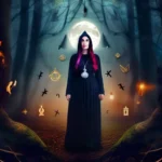 A mystical image of a Wiccan witch standing in a moonlit forest, surrounded by symbols of her faith. - wiccan witch