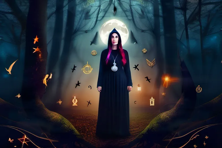 A mystical image of a Wiccan witch standing in a moonlit forest, surrounded by symbols of her faith. - wiccan witch