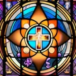 A stained-glass window depicting various religious symbols coming together to form a unified image. - belief in god, religious thought