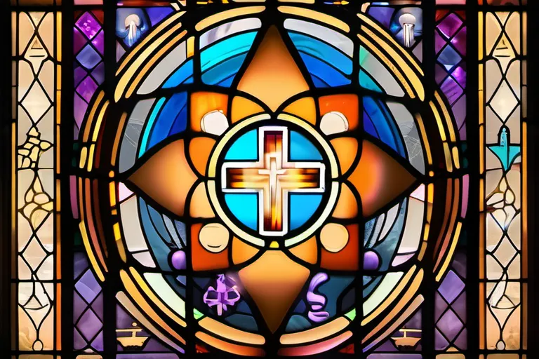 A stained-glass window depicting various religious symbols coming together to form a unified image. - belief in god, religious thought