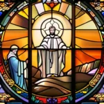 A stained-glass window depicting various saints and religious symbols, with a vibrant sunset behind it. - Catholicism, Religious Thought, History, Beliefs, Practices