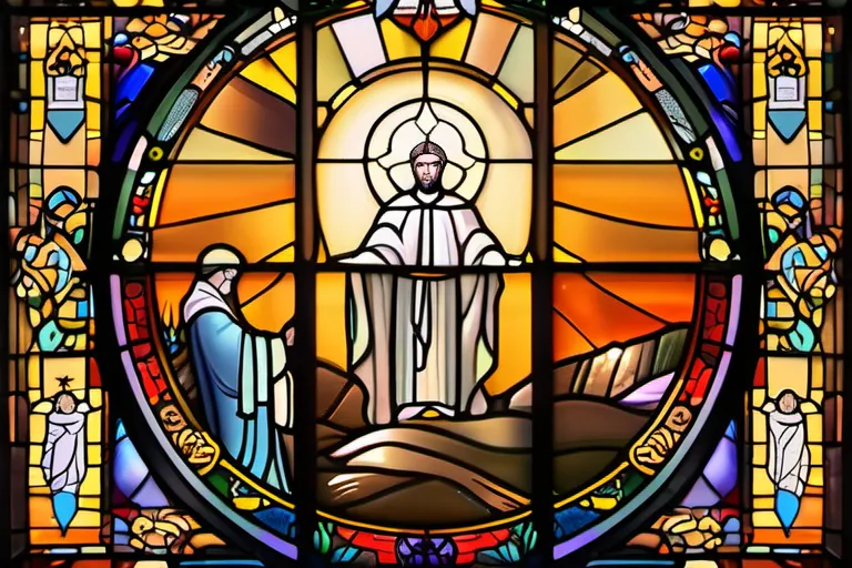 A stained-glass window depicting various saints and religious symbols, with a vibrant sunset behind it. - Catholicism, Religious Thought, History, Beliefs, Practices