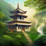 A serene image of a temple or monastery nestled amidst lush greenery, symbolizing the peaceful and spiritual nature of eastern religions. - eastern religions, religious thought