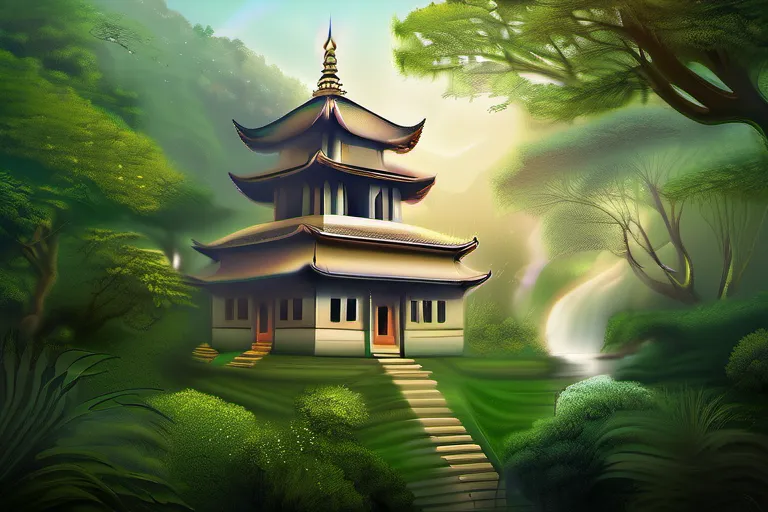 A serene image of a temple or monastery nestled amidst lush greenery, symbolizing the peaceful and spiritual nature of eastern religions. - eastern religions, religious thought