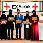 A diverse group of individuals, some wearing traditional Muslim attire and others not, standing together with a banner reading 'Ex-Muslims' in multiple languages - ex-muslim movement