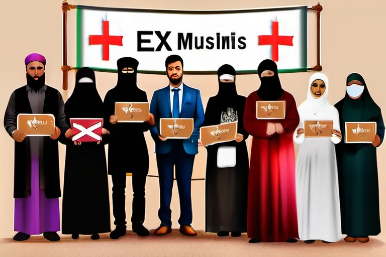 A diverse group of individuals, some wearing traditional Muslim attire and others not, standing together with a banner reading 'Ex-Muslims' in multiple languages - ex-muslim movement