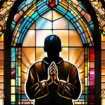 A stained-glass window depicting a person praying with hands raised, symbolizing faith and spiritual connection. - faith in religious thought