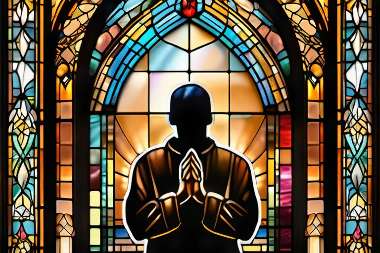 A stained-glass window depicting a person praying with hands raised, symbolizing faith and spiritual connection. - faith in religious thought