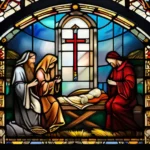 A stained-glass window depicting a religious scene with intricate details. - illustrated faith, religious thought