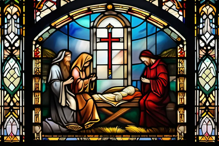 A stained-glass window depicting a religious scene with intricate details. - illustrated faith, religious thought