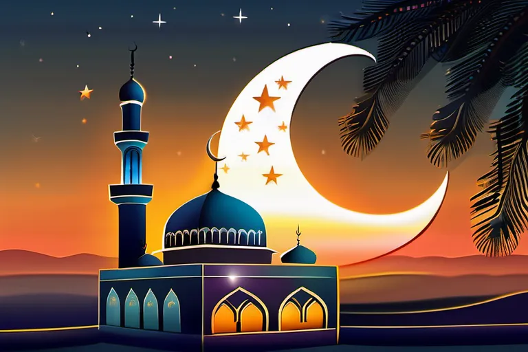 A serene mosque at sunset with a crescent moon and star in the sky, symbolizing faith and religious thought. - Iman, Islamic Religious Thought