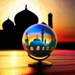 A vibrant mosque at sunset with a globe in the foreground symbolizing the global impact of Islamic faith on religious thought. - Islamic Faith Impact Religious Thought