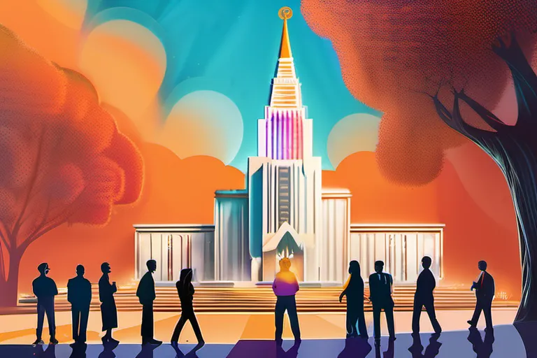 A dynamic, colorful image depicting a diverse group of people engaged in online discussions, with the Reddit logo and a Mormon temple in the background. - Reddit Mormon Impact on Religious Thought