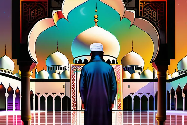 A vibrant, colorful image depicting a mosque with a sheikh standing in front, symbolizing the central role of Sheikh religion in Islamic culture. - Sheikh Religion Impact