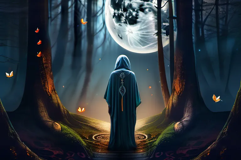 A captivating image featuring a moonlit forest, with a solitary figure dressed in flowing robes and surrounded by symbols of nature. - Stregheria