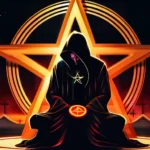 A stylized image depicting a pentagram with a human figure kneeling before it, symbolizing Theistic Satanism. - Theistic Satanism