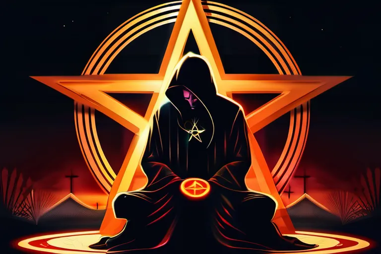 A stylized image depicting a pentagram with a human figure kneeling before it, symbolizing Theistic Satanism. - Theistic Satanism