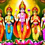 A vibrant image featuring a group of Hindu deities, each with distinct symbols and colors, standing together against an ornate backdrop. - Hindu gods