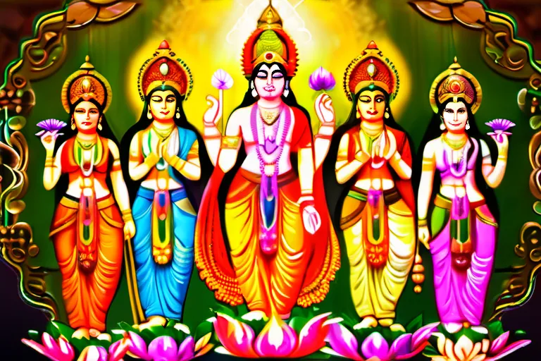 A vibrant image featuring a group of Hindu deities, each with distinct symbols and colors, standing together against an ornate backdrop. - Hindu gods