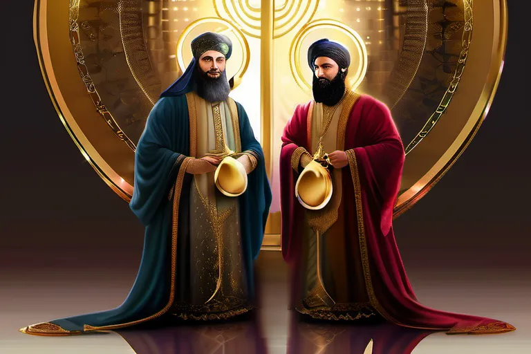 A dynamic image showcasing the four Rightly Guided Caliphs with a golden halo around each of them, symbolizing their righteousness and divine guidance. - Rightly Guided Caliphs