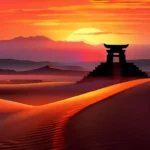 A vibrant sunset over a desert landscape with the silhouette of a fire temple in the distance. - Zoroastrianism