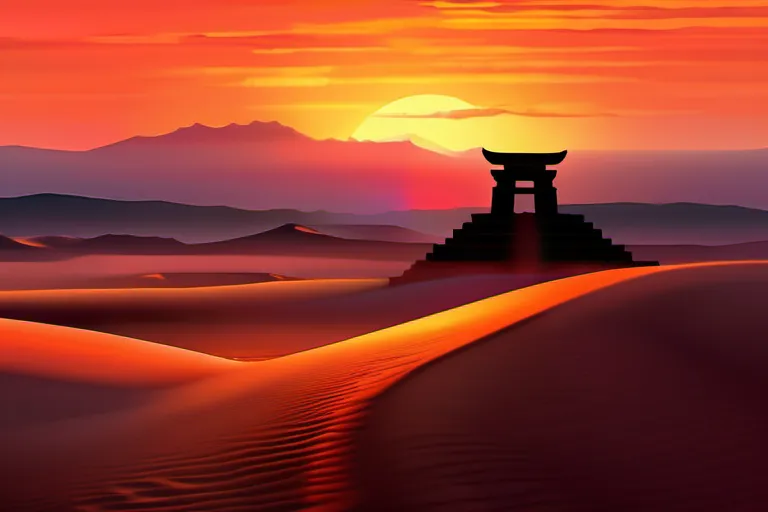 A vibrant sunset over a desert landscape with the silhouette of a fire temple in the distance. - Zoroastrianism