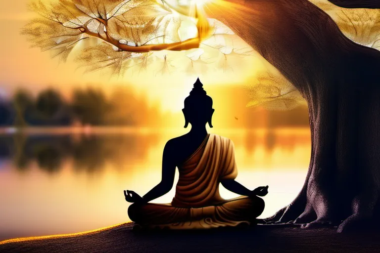 A serene image of a meditating figure under a tree, symbolizing the enlightenment of Buddha. - Buddha