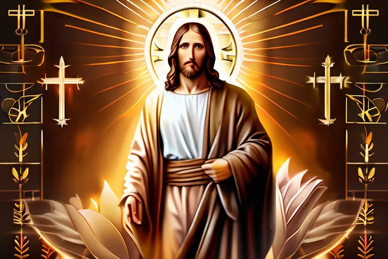 A powerful image of Jesus Christ, surrounded by symbols of his teachings and impact on humanity. - Jesus Christ