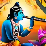 A vibrant and colorful illustration depicting Lord Krishna playing a flute surrounded by his loved ones, radiating divinity and peace. - Krishna, Hinduism, Avatar, Mythology