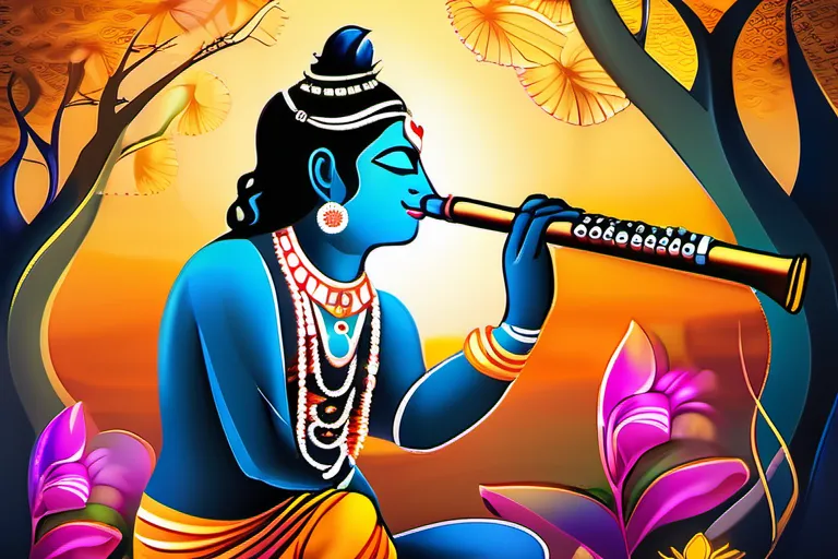 A vibrant and colorful illustration depicting Lord Krishna playing a flute surrounded by his loved ones, radiating divinity and peace. - Krishna, Hinduism, Avatar, Mythology