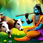 A vibrant painting depicting Lord Krishna playing the flute amidst cows and friends. - Lord Krishna