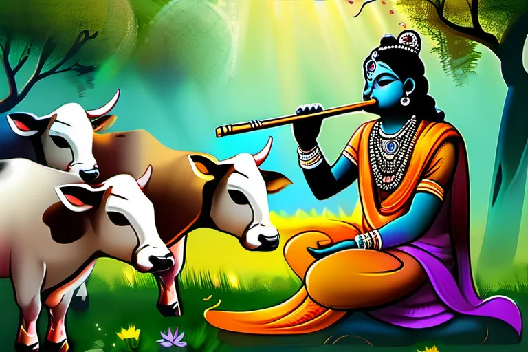 A vibrant painting depicting Lord Krishna playing the flute amidst cows and friends. - Lord Krishna