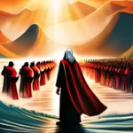 An iconic image depicting Moses parting the Red Sea with the Israelites following behind. - Moses