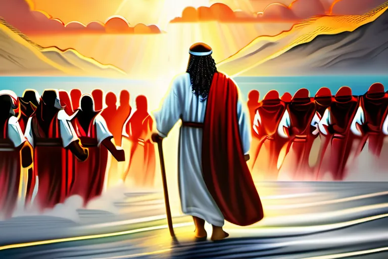 A depiction of Moses leading the Israelites through the Red Sea or receiving the Ten Commandments from God. - Moses in Judaism