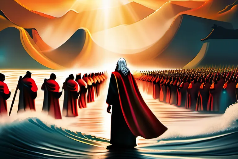 An iconic image depicting Moses parting the Red Sea with the Israelites following behind. - Moses