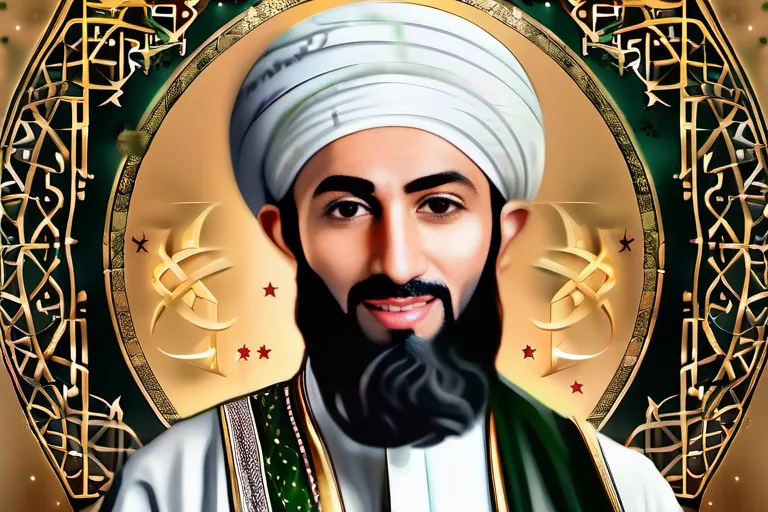 Create a captivating image showcasing Prophet Muhammad as a charismatic and enlightened individual, surrounded by symbols of Islam's major tenets. - Prophet Muhammad