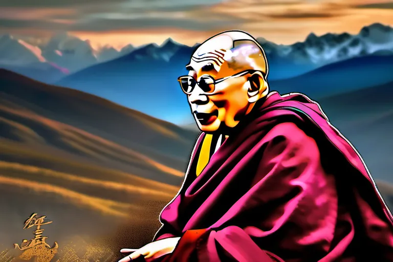 A serene image of the Dalai Lama with a backdrop of the Himalayas, symbolizing his deep connection to Tibet and Buddhism. - Dalai Lama