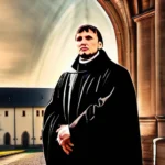 A powerful image of Martin Luther with a backdrop of Wittenberg Castle Church, symbolizing his connection to the Reformation. - Martin Luther