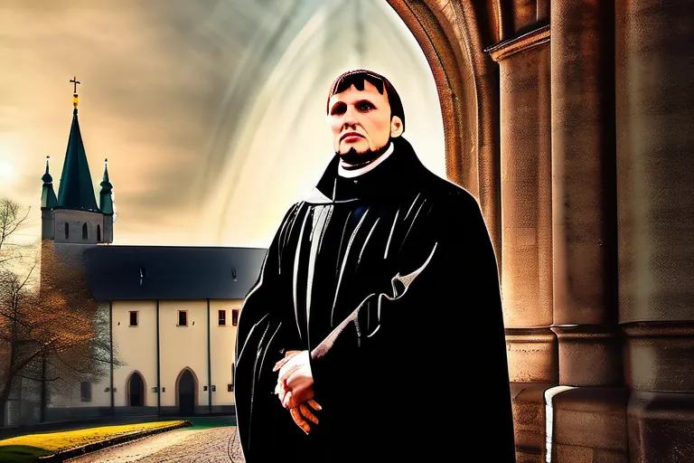 A powerful image of Martin Luther with a backdrop of Wittenberg Castle Church, symbolizing his connection to the Reformation. - Martin Luther